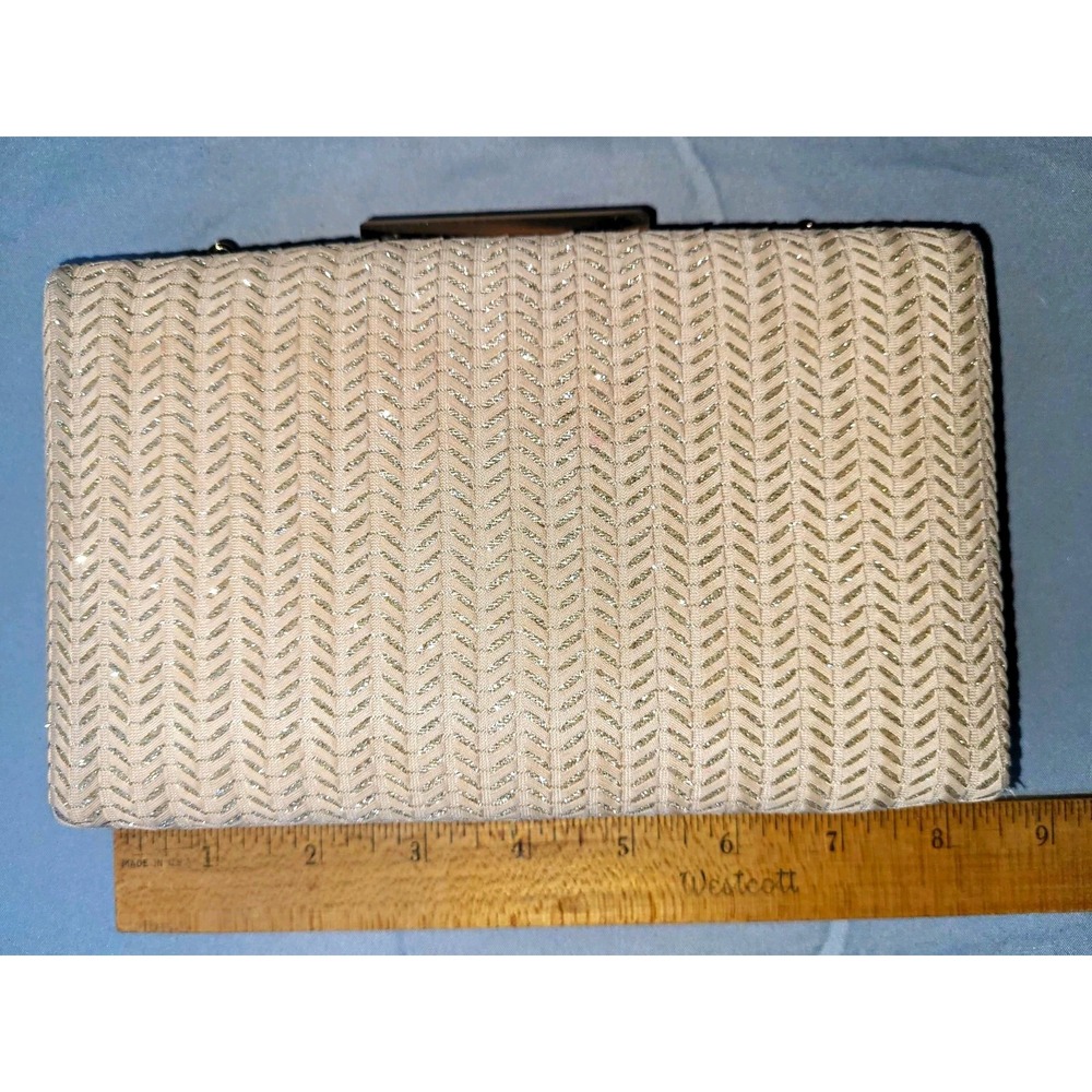 Sondra Roberts Beige Chevron Glitter Clutch, Clasp, No Strap, Lined